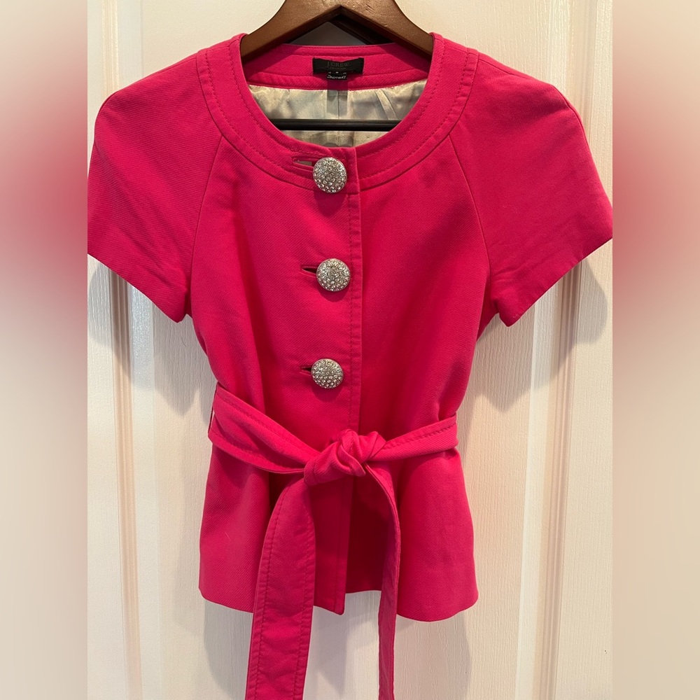 Jcrew crystal button short sleeve belted jacket.